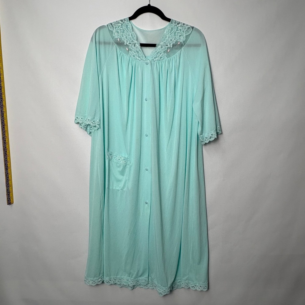 Shadowline Vintage Aqua Blue Lace Trim Button Front Nightgown Robe USA Large